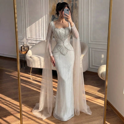 Luxury White Crystal Beaded Mermaid Gown with Split Cape Sleeves LA7333B