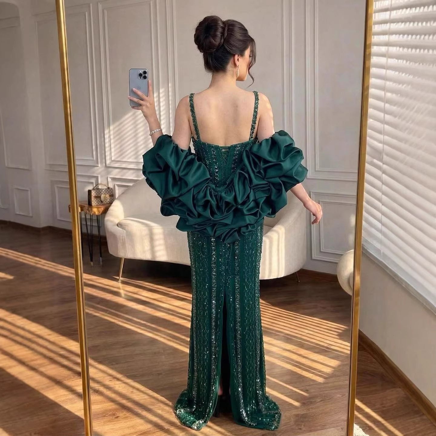 Luxury Kosovo Green Square Beaded Evening Dress with Cape LA73355