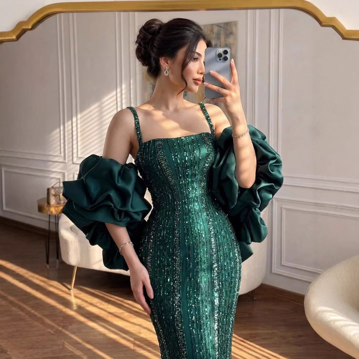 Luxury Kosovo Green Square Beaded Evening Dress with Cape LA73355