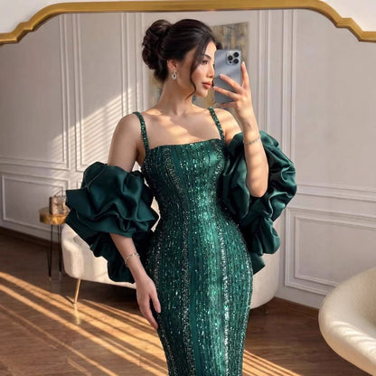 Luxury Kosovo Green Square Beaded Evening Dress with Cape LA73355