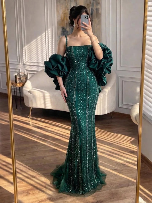 Luxury Kosovo Green Square Beaded Evening Dress with Cape LA73355