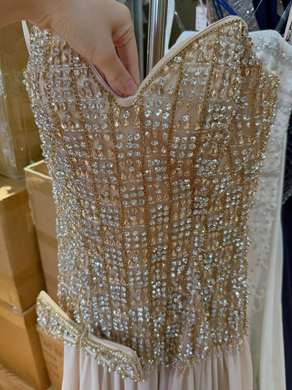 Luxury Champagne A-Line Crystal Beaded Evening Dress LA73361