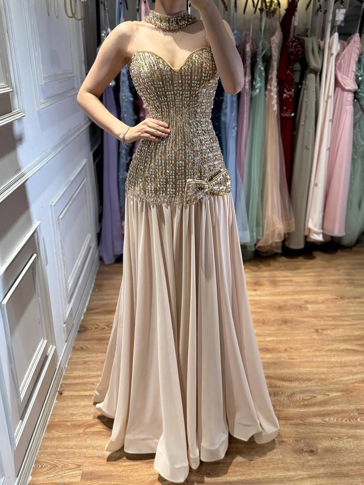 Luxury Champagne A-Line Crystal Beaded Evening Dress LA73361