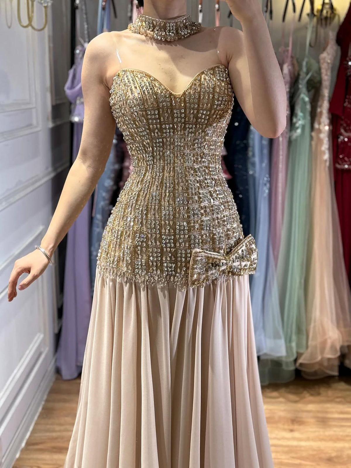 Luxury Champagne A-Line Crystal Beaded Evening Dress LA73361