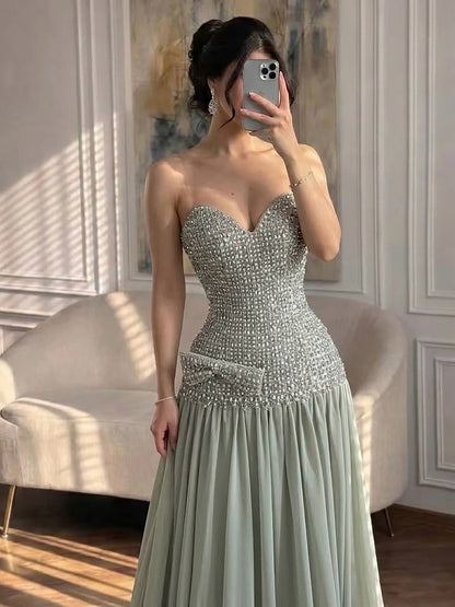 Luxury Champagne A-Line Crystal Beaded Evening Dress LA73361