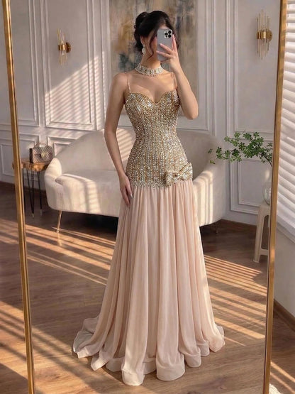 Luxury Champagne A-Line Crystal Beaded Evening Dress LA73361