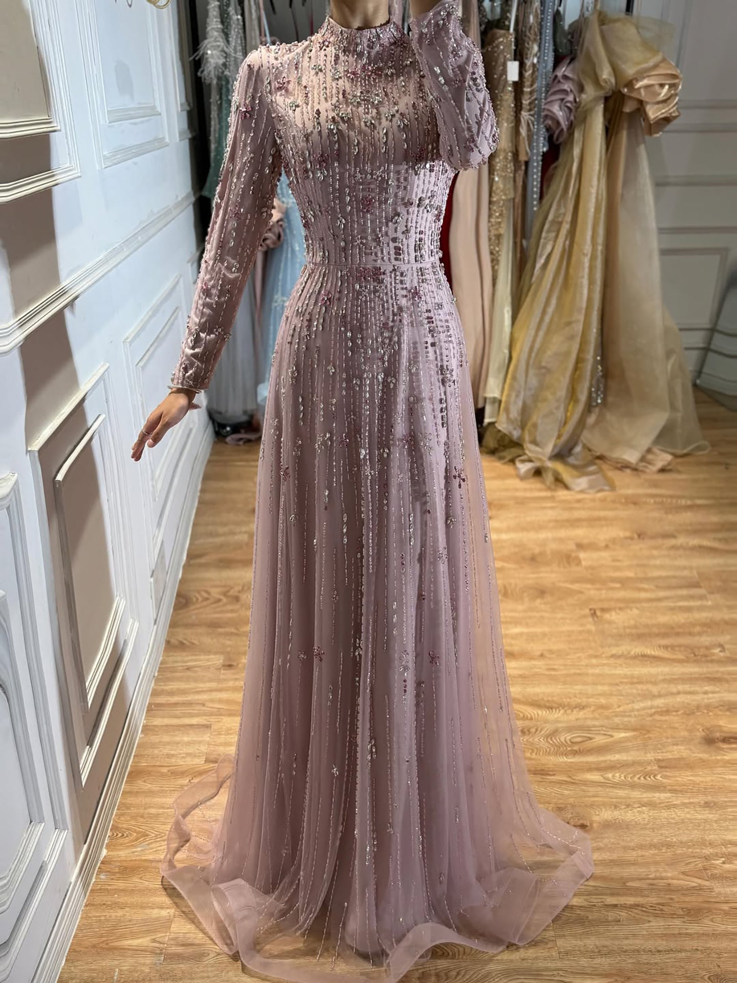 Luxury Pink Beaded Long Sleeve High Neck A Line Evening Dress LA73363