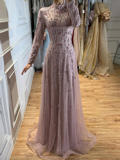 Luxury Pink Beaded Long Sleeve High Neck A Line Evening Dress LA73363