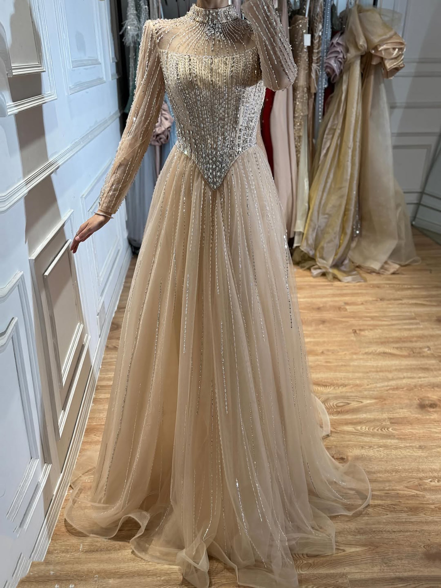 Luxury Nude Crystal Beaded A Line Evening Dress LA73753