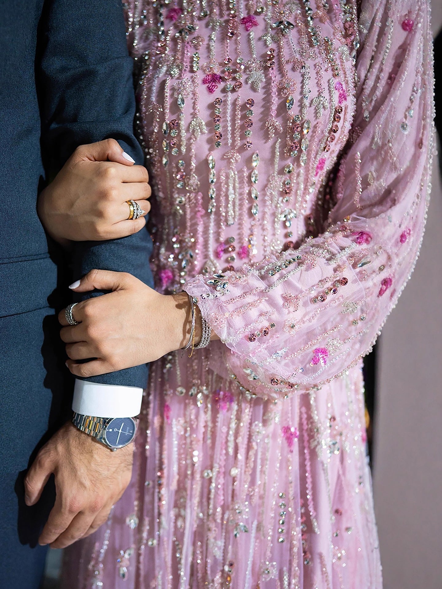 Luxury Pink Beaded Long Sleeve High Neck A Line Evening Dress LA73363