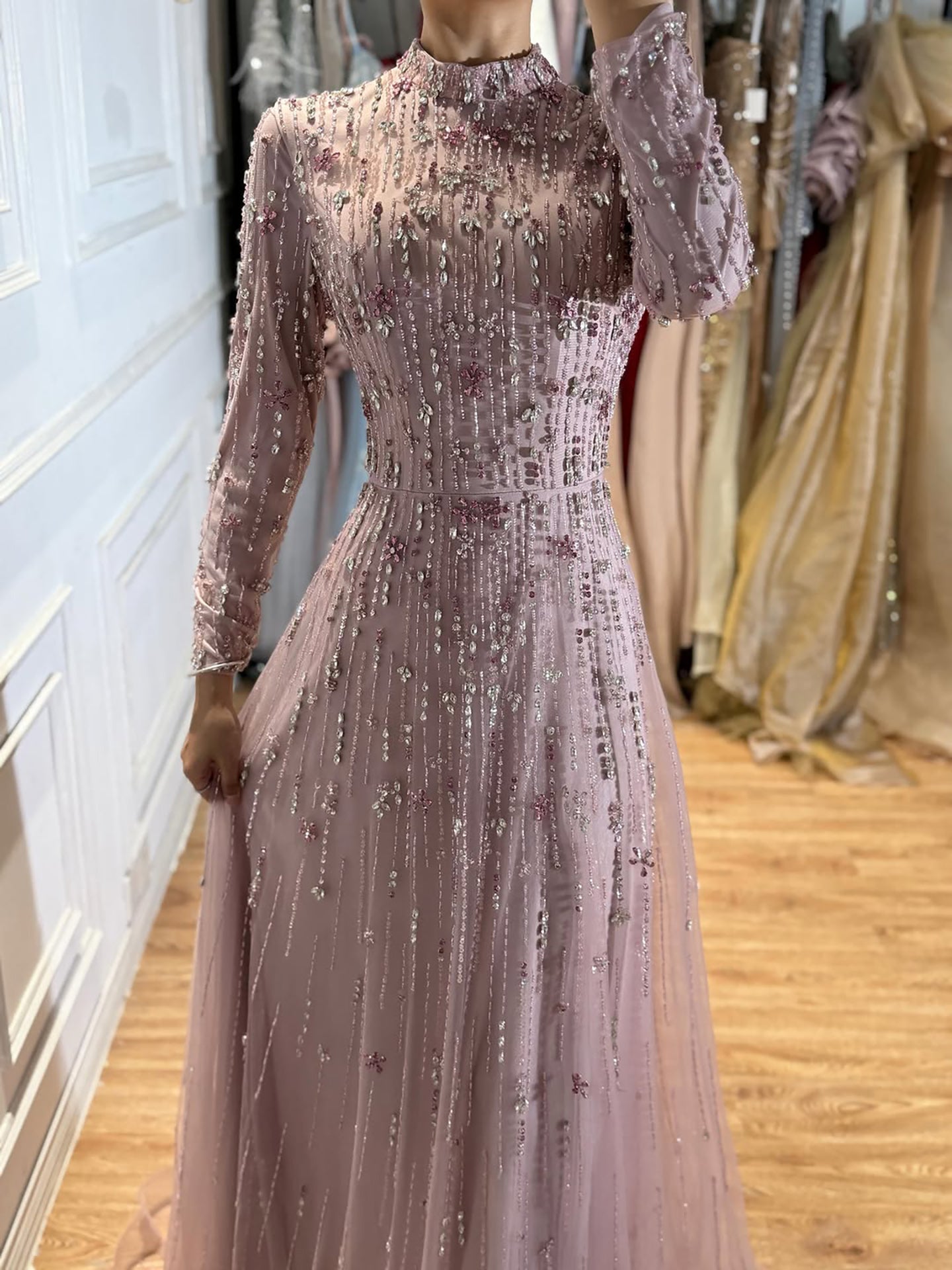 Luxury Pink Beaded Long Sleeve High Neck A Line Evening Dress LA73363