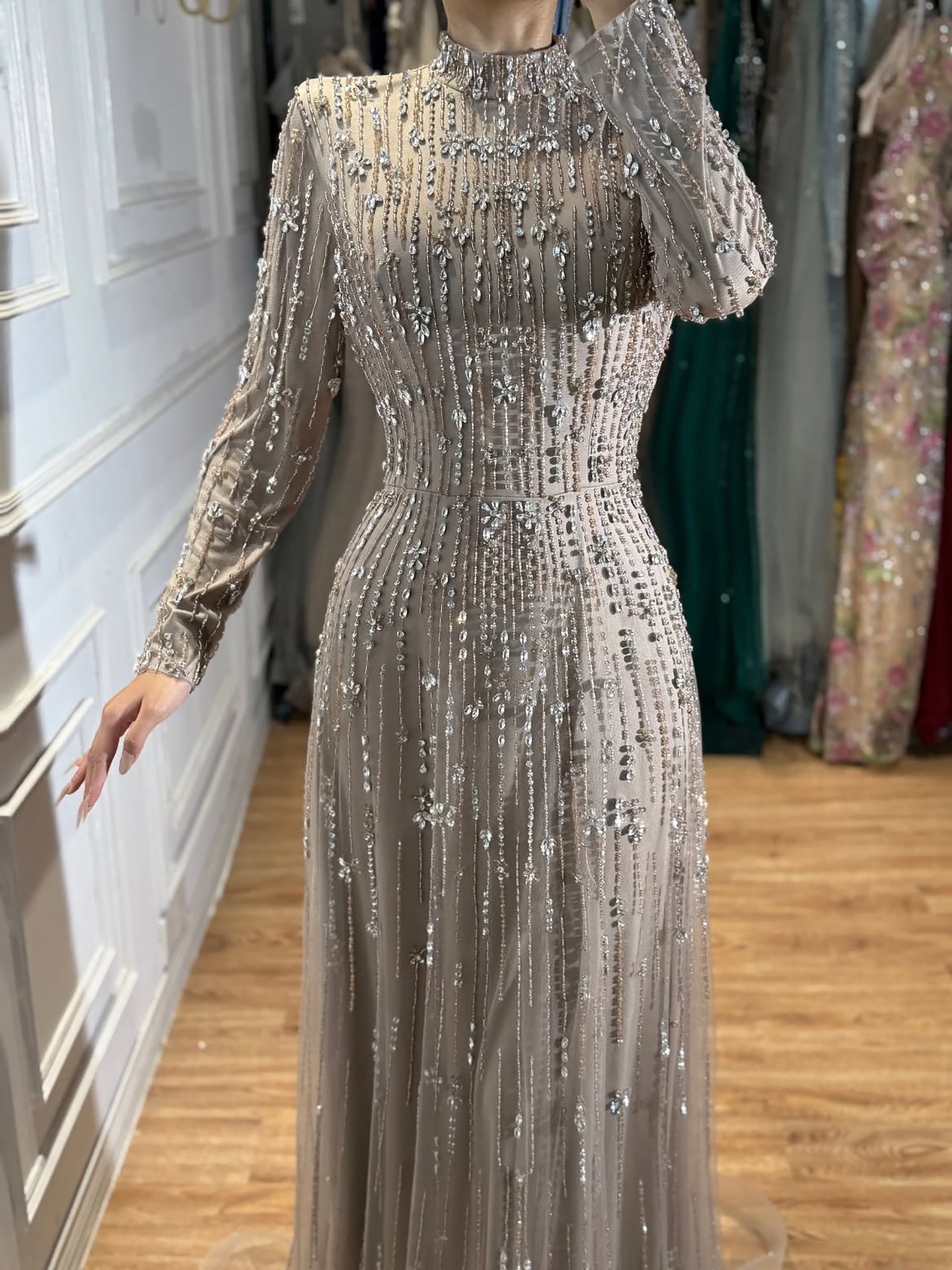 Luxury Pink Beaded Long Sleeve High Neck A Line Evening Dress LA73363