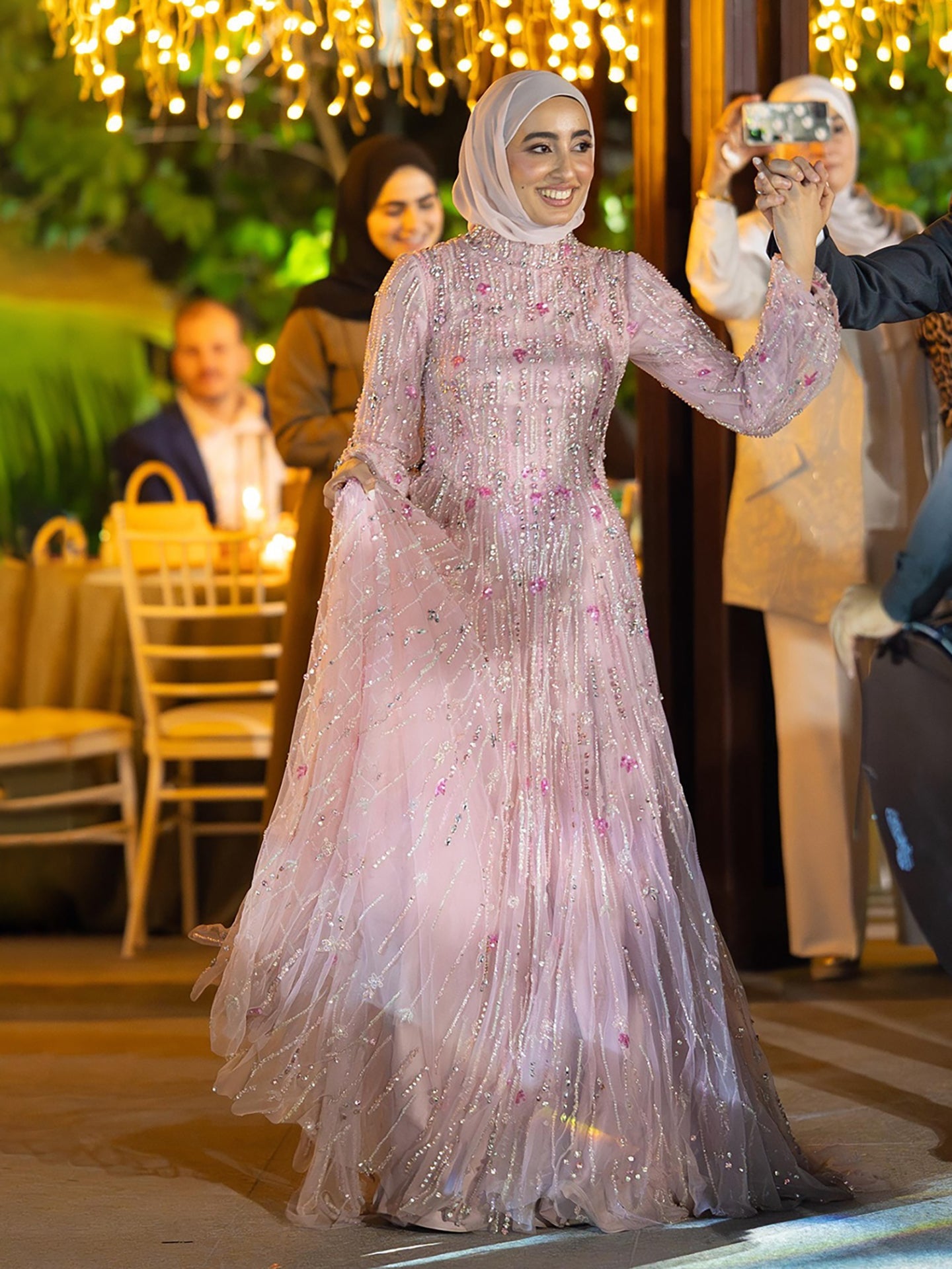 Luxury Pink Beaded Long Sleeve High Neck A Line Evening Dress LA73363
