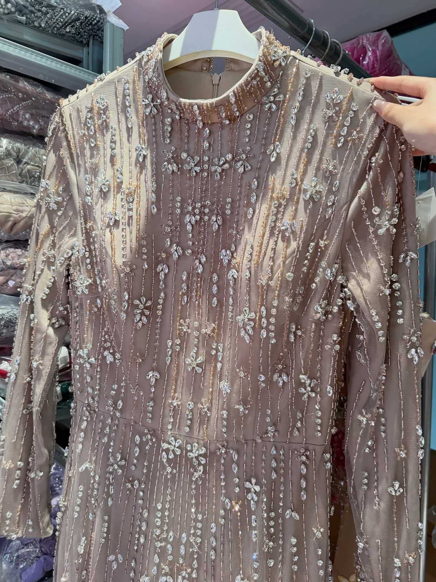 Luxury Pink Beaded Long Sleeve High Neck A Line Evening Dress LA73363