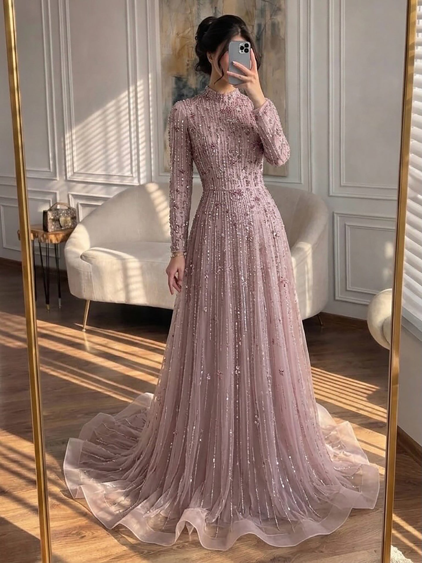 Luxury Pink Beaded Long Sleeve High Neck A Line Evening Dress LA73363