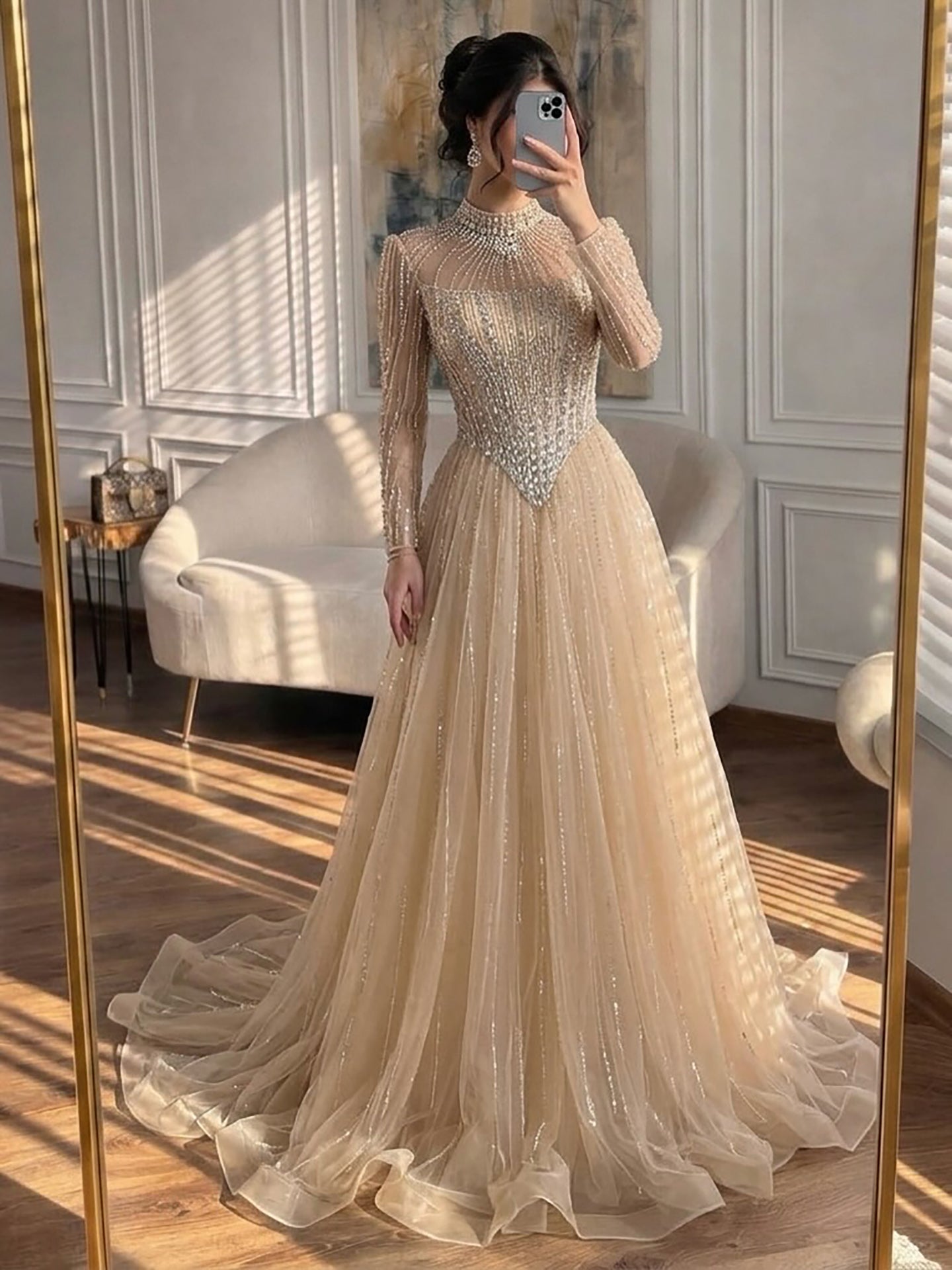 Luxury Nude Crystal Beaded A Line Evening Dress LA73753