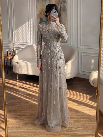 Luxury Pink Beaded Long Sleeve High Neck A Line Evening Dress LA73363