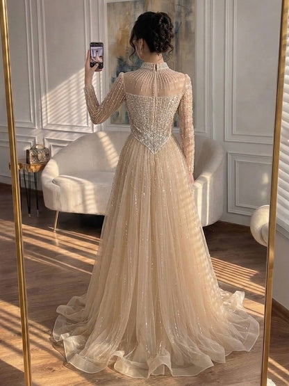 Luxury Nude Crystal Beaded A Line Evening Dress LA73753