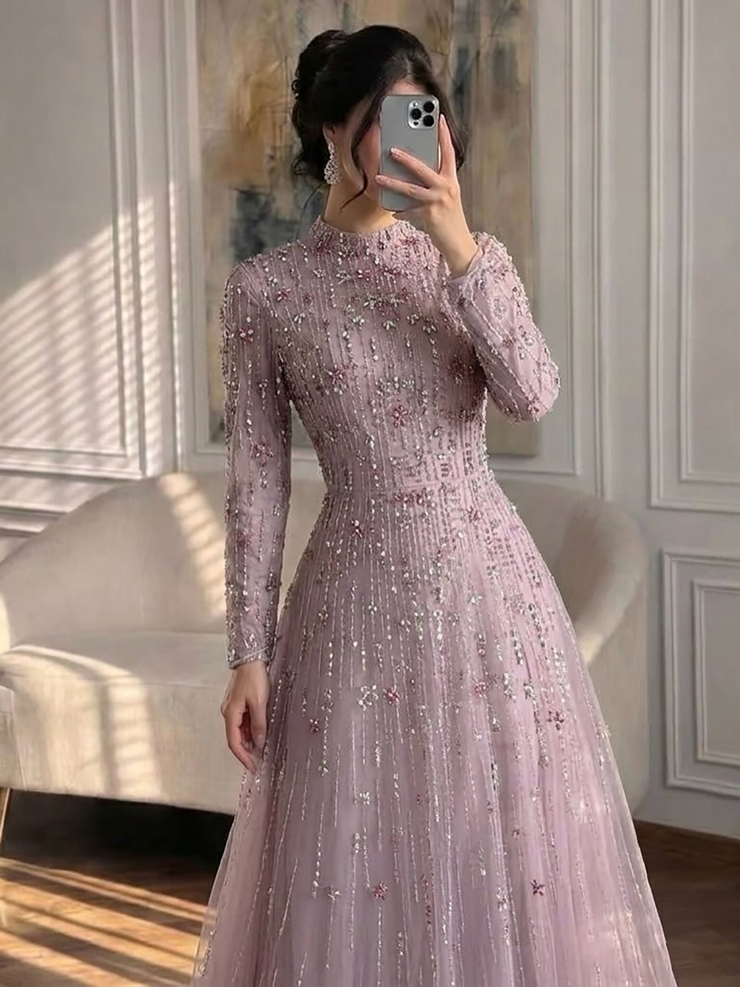 Luxury Pink Beaded Long Sleeve High Neck A Line Evening Dress LA73363