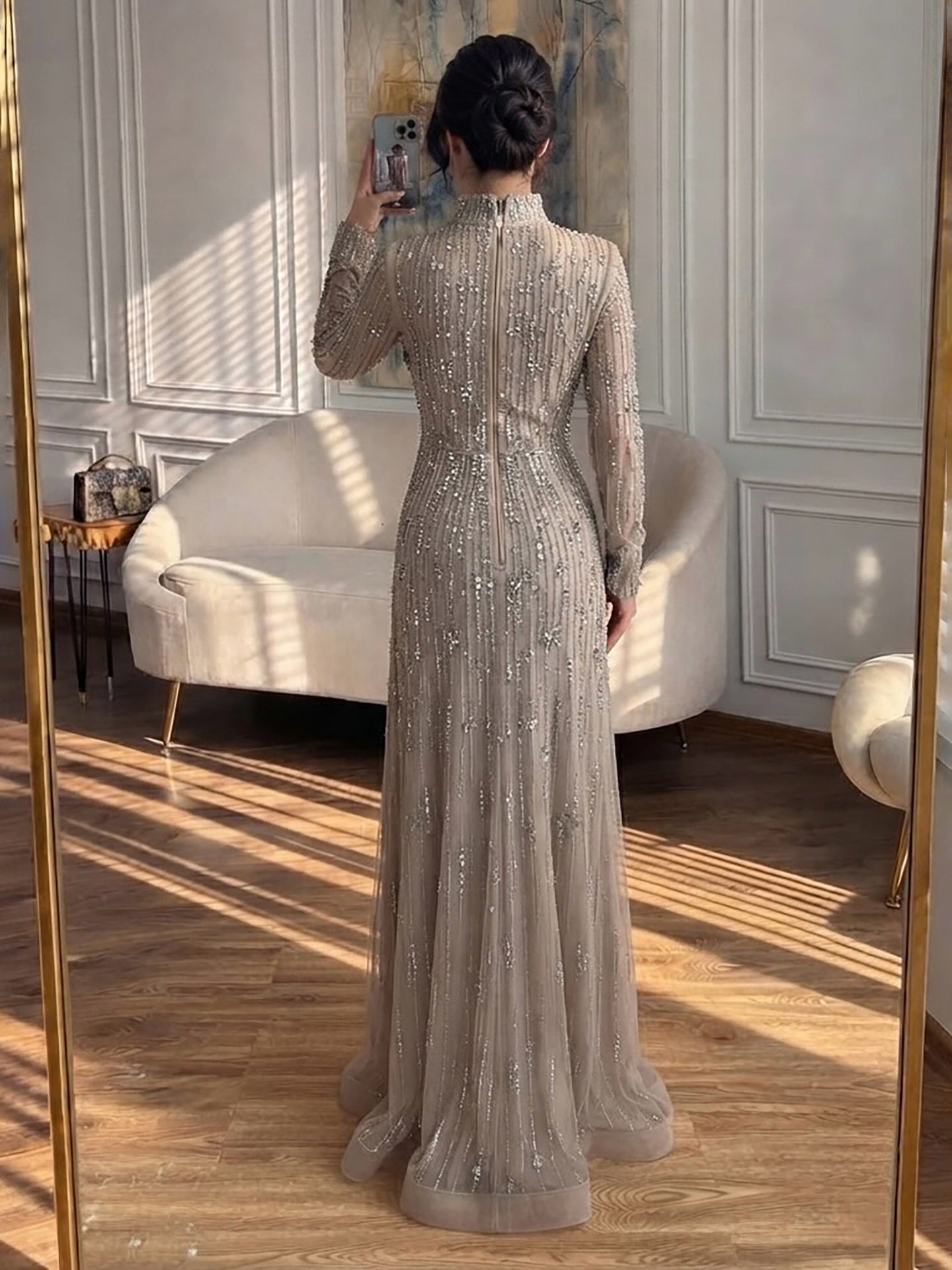 Luxury Pink Beaded Long Sleeve High Neck A Line Evening Dress LA73363