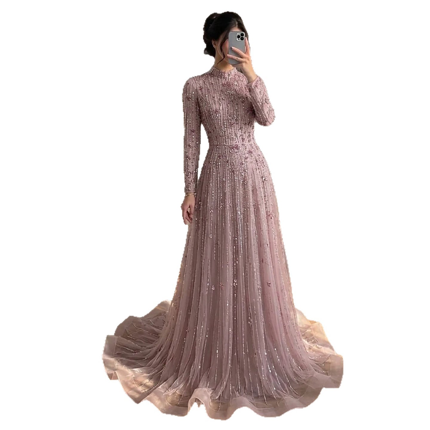 Luxury Pink Beaded Long Sleeve High Neck A Line Evening Dress LA73363