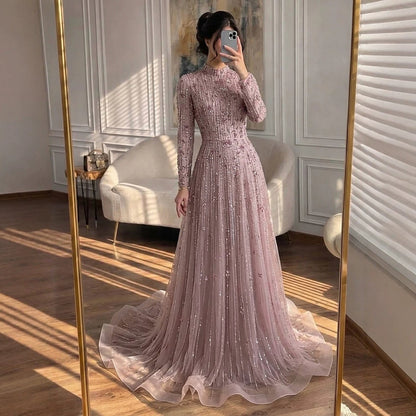 Luxury Pink Beaded Long Sleeve High Neck A Line Evening Dress LA73363