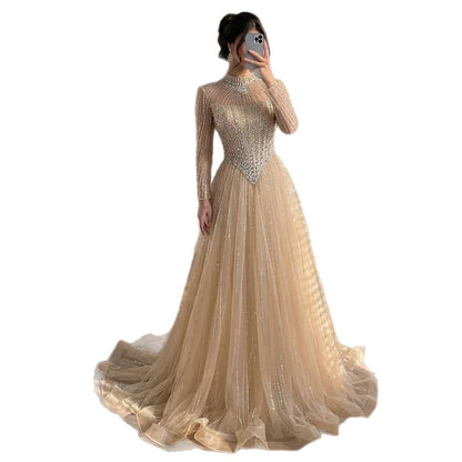 Luxury Nude Crystal Beaded A Line Evening Dress LA73753