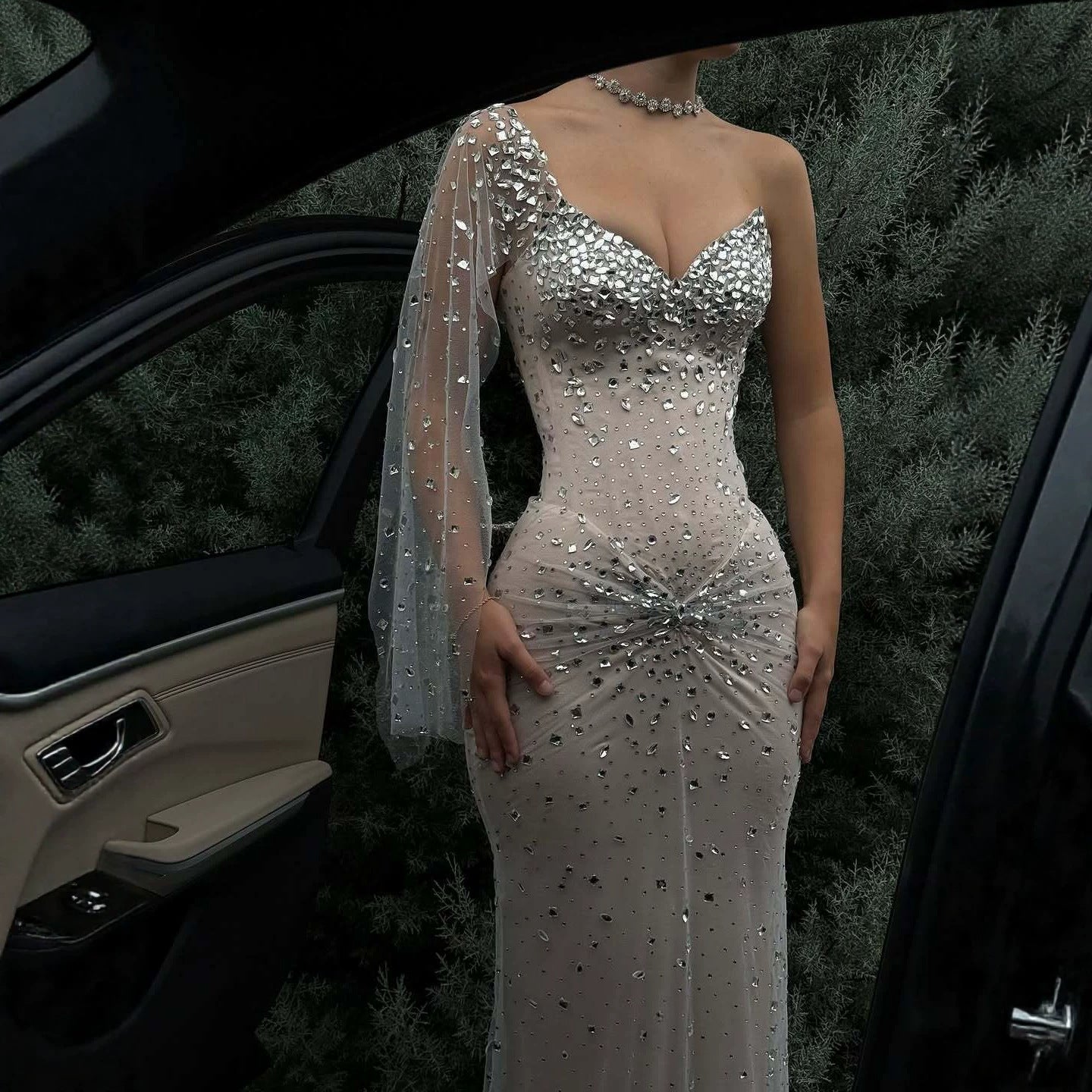 Luxury Sliver Nude Crystal Beaded One Shoulder Mermaid Evening Dress LA73364