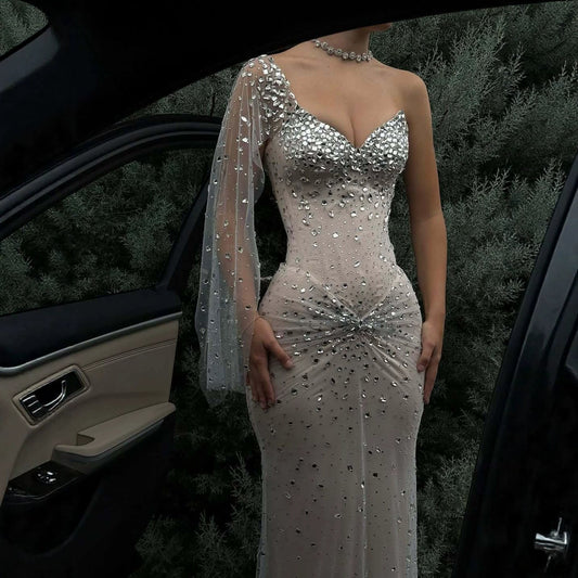 Luxury Sliver Nude Crystal Beaded One Shoulder Mermaid Evening Dress LA73364