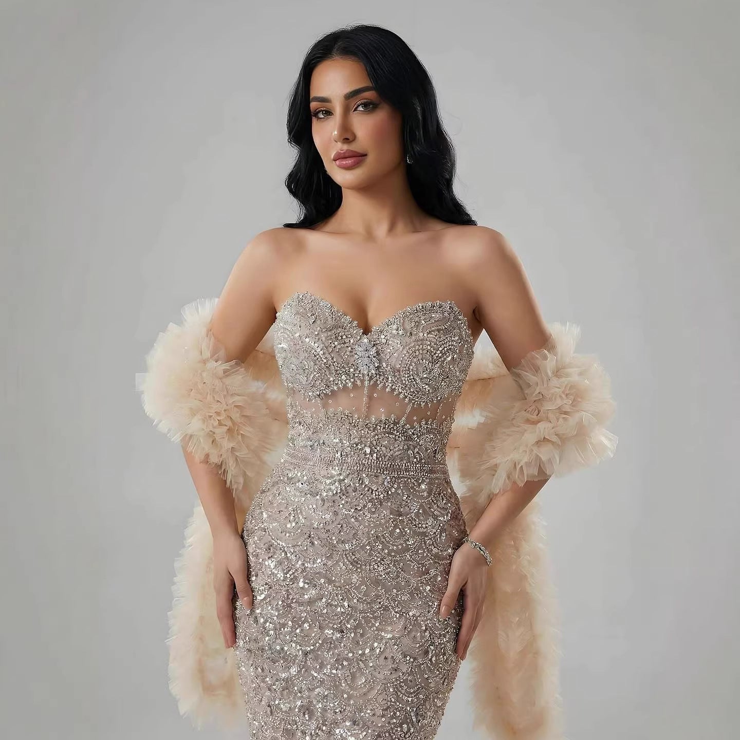 Luxury Arabic Nude  Evening Dress With Cape LA73365B