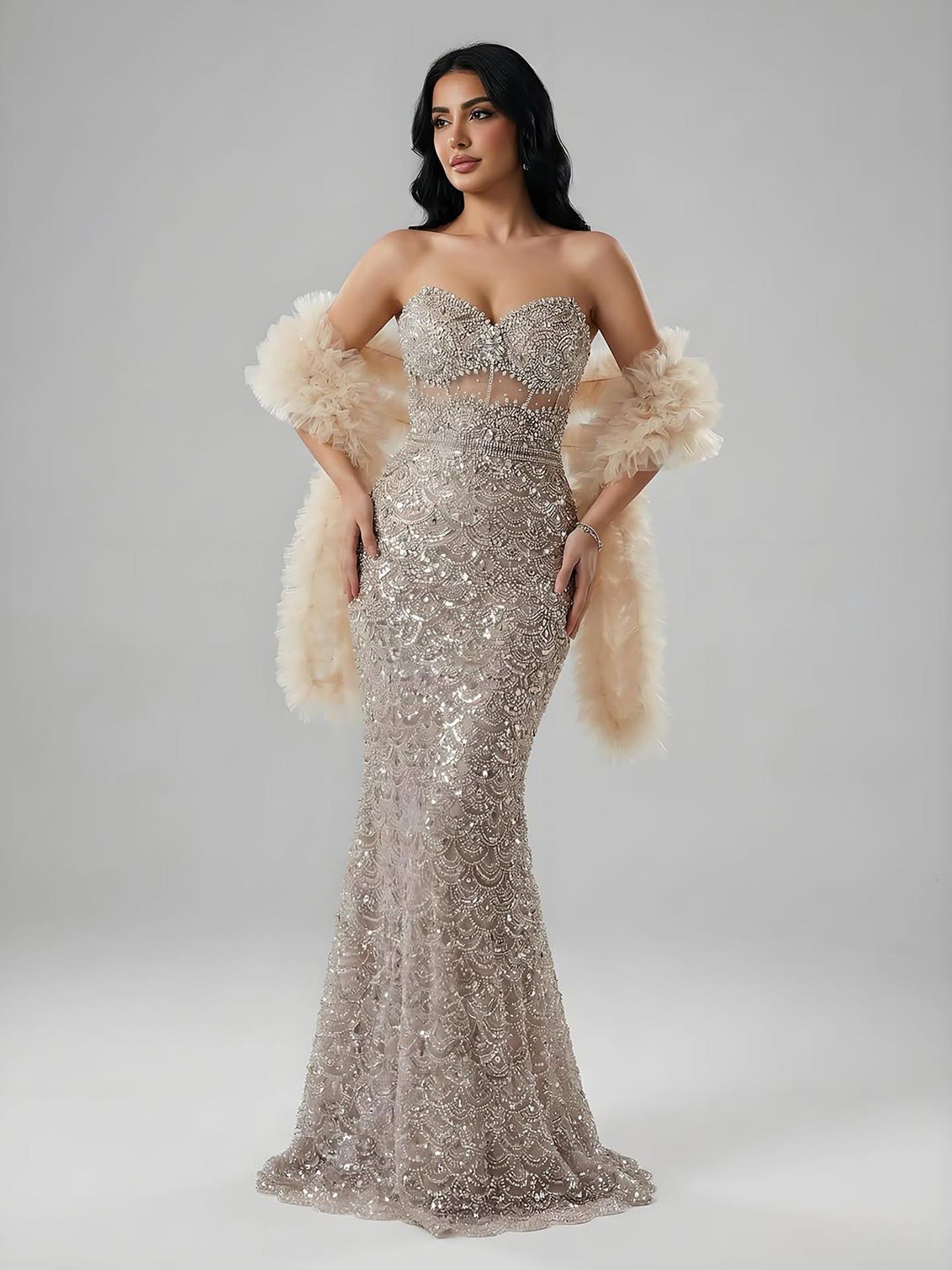 Luxury Arabic Nude  Evening Dress With Cape LA73365B
