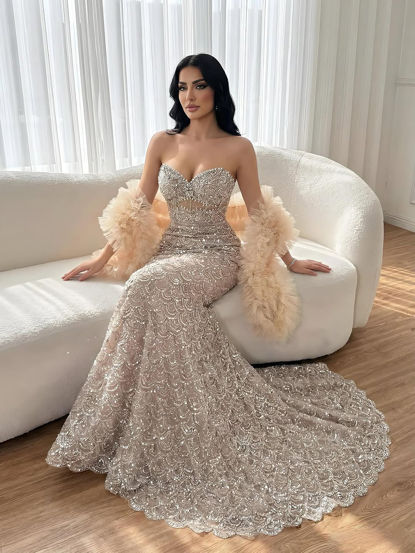 Luxury Arabic Nude  Evening Dress With Cape LA73365B