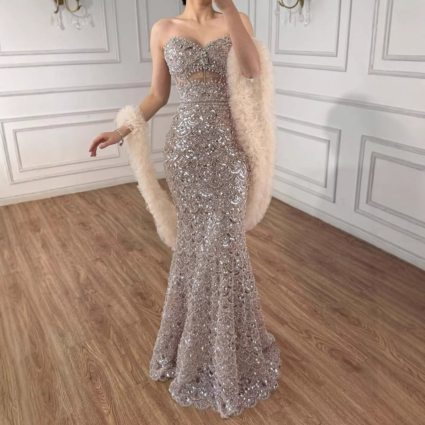 Luxury Arabic Nude  Evening Dress With Cape LA73365B