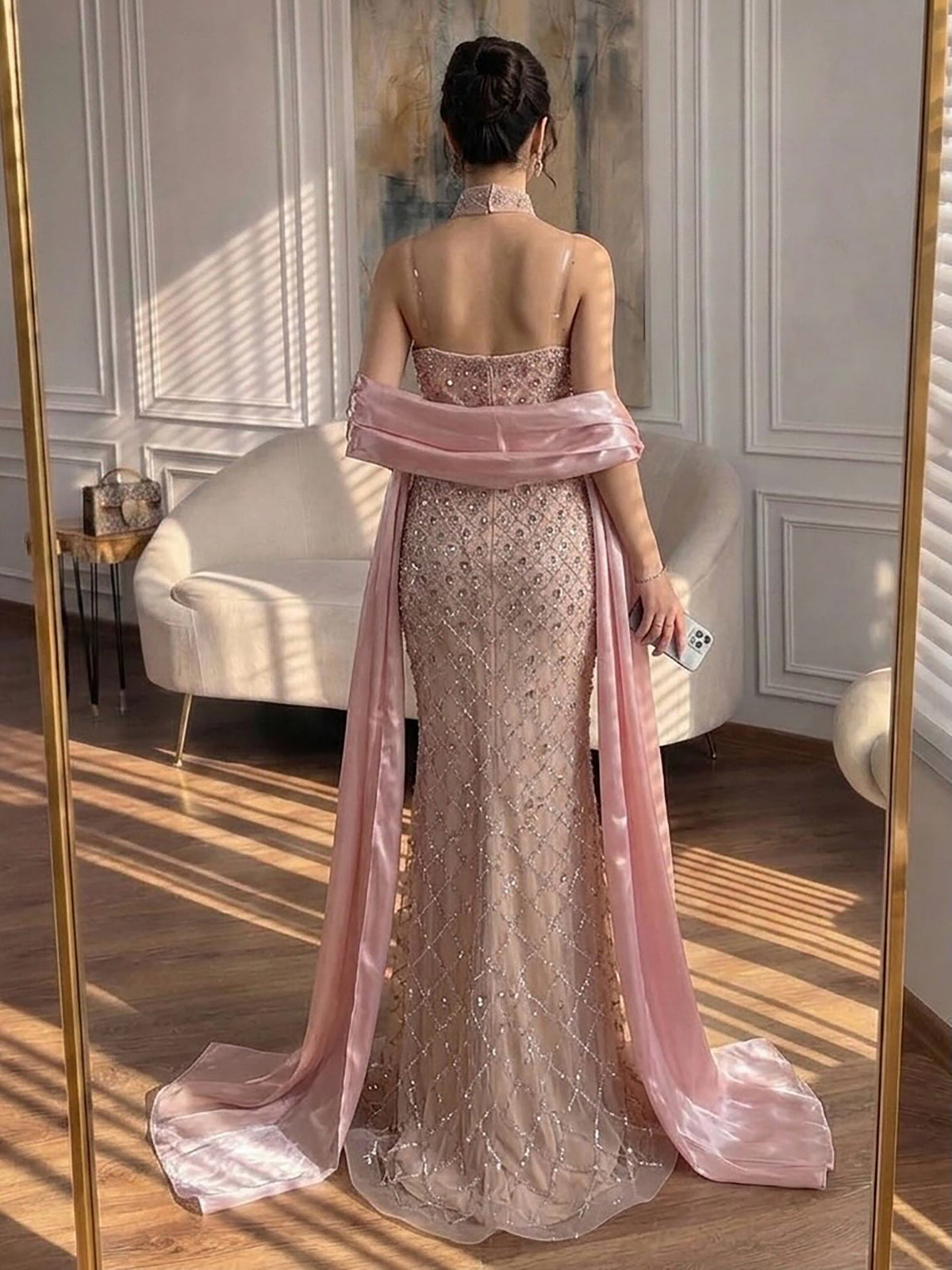 Luxury Pink Beaded Mermaid Evening Dress with Cape LA73366