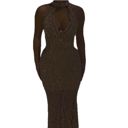 Silver Nude Halter Deep V Crystal Mermaid Evening Dress LA73673
