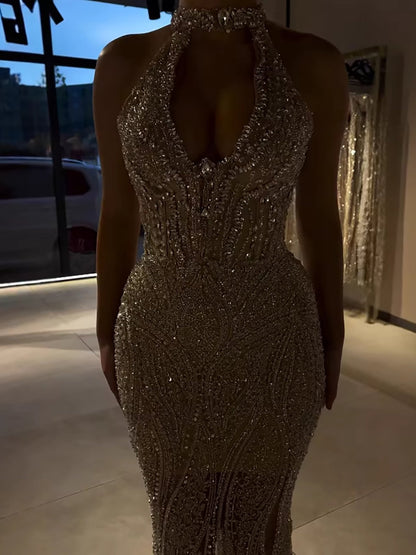 Silver Nude Halter Deep V Crystal Mermaid Evening Dress LA73673