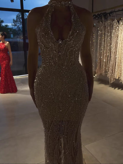 Silver Nude Halter Deep V Crystal Mermaid Evening Dress LA73673