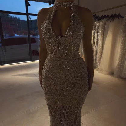Silver Nude Halter Deep V Crystal Mermaid Evening Dress LA73673