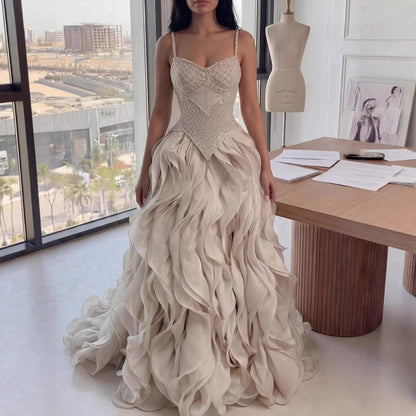 Luxury Nude Beaded A Line Evening Dress Ruffle Tiered Skirt LA73368
