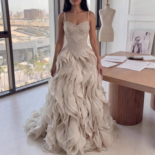 Luxury Nude Beaded A Line Evening Dress Ruffle Tiered Skirt LA73368