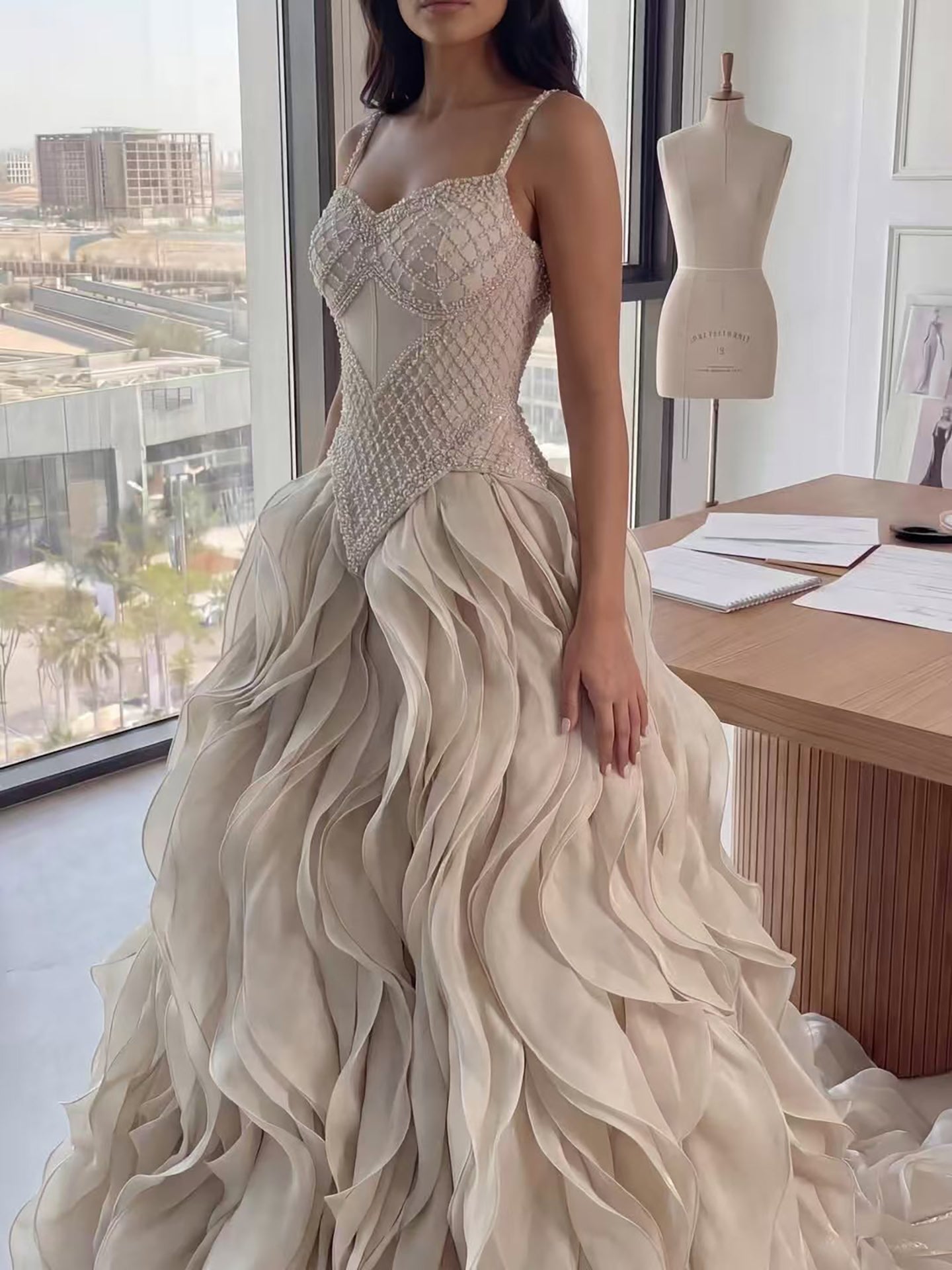 Luxury Nude Beaded A Line Evening Dress Ruffle Tiered Skirt LA73368