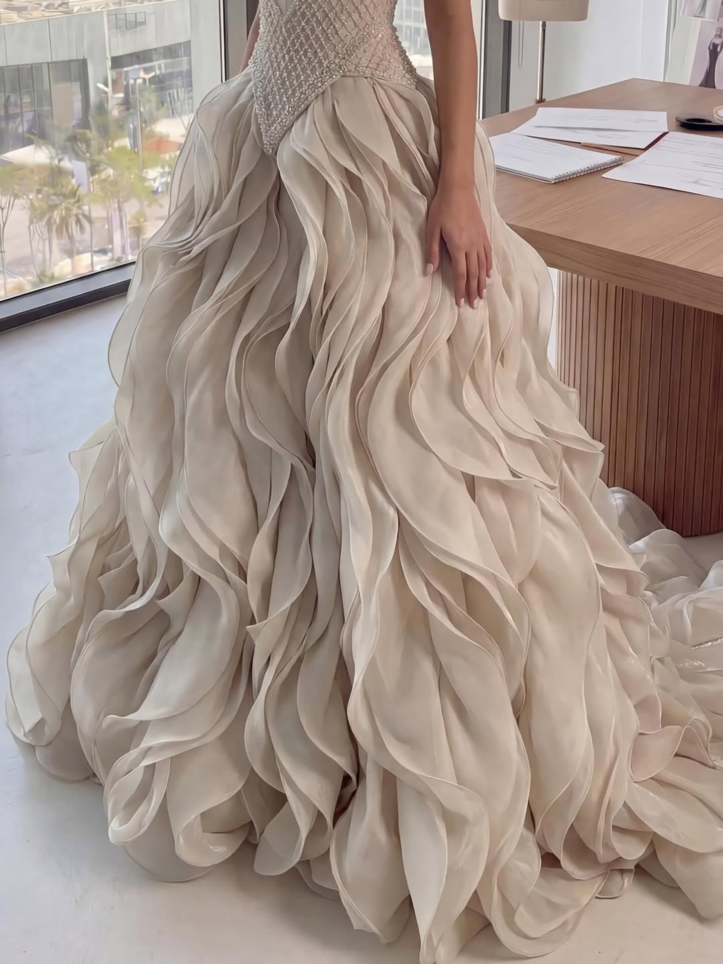 Luxury Nude Beaded A Line Evening Dress Ruffle Tiered Skirt LA73368