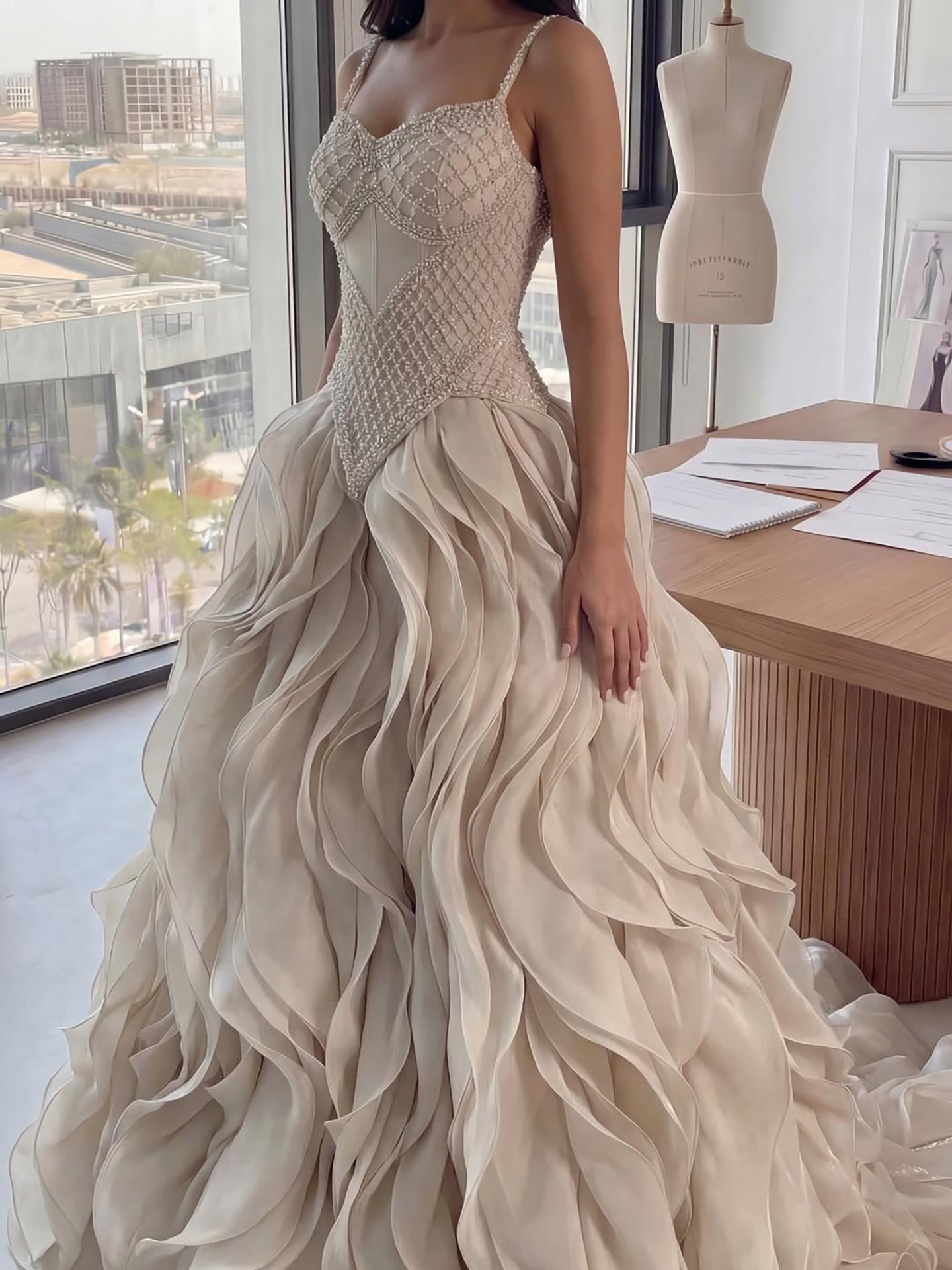 Luxury Nude Beaded A Line Evening Dress Ruffle Tiered Skirt LA73368