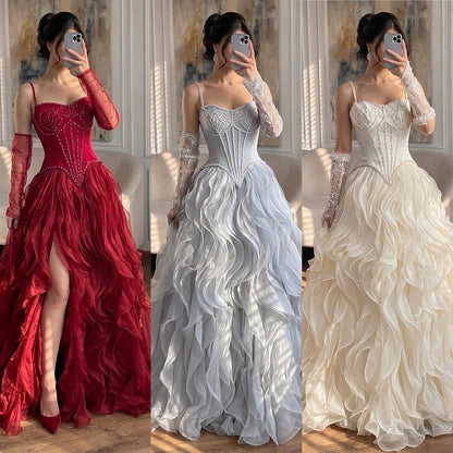 Luxury Gray Beaded Mermaid Corset Tulle Evening Dress With Gloves LA73368A