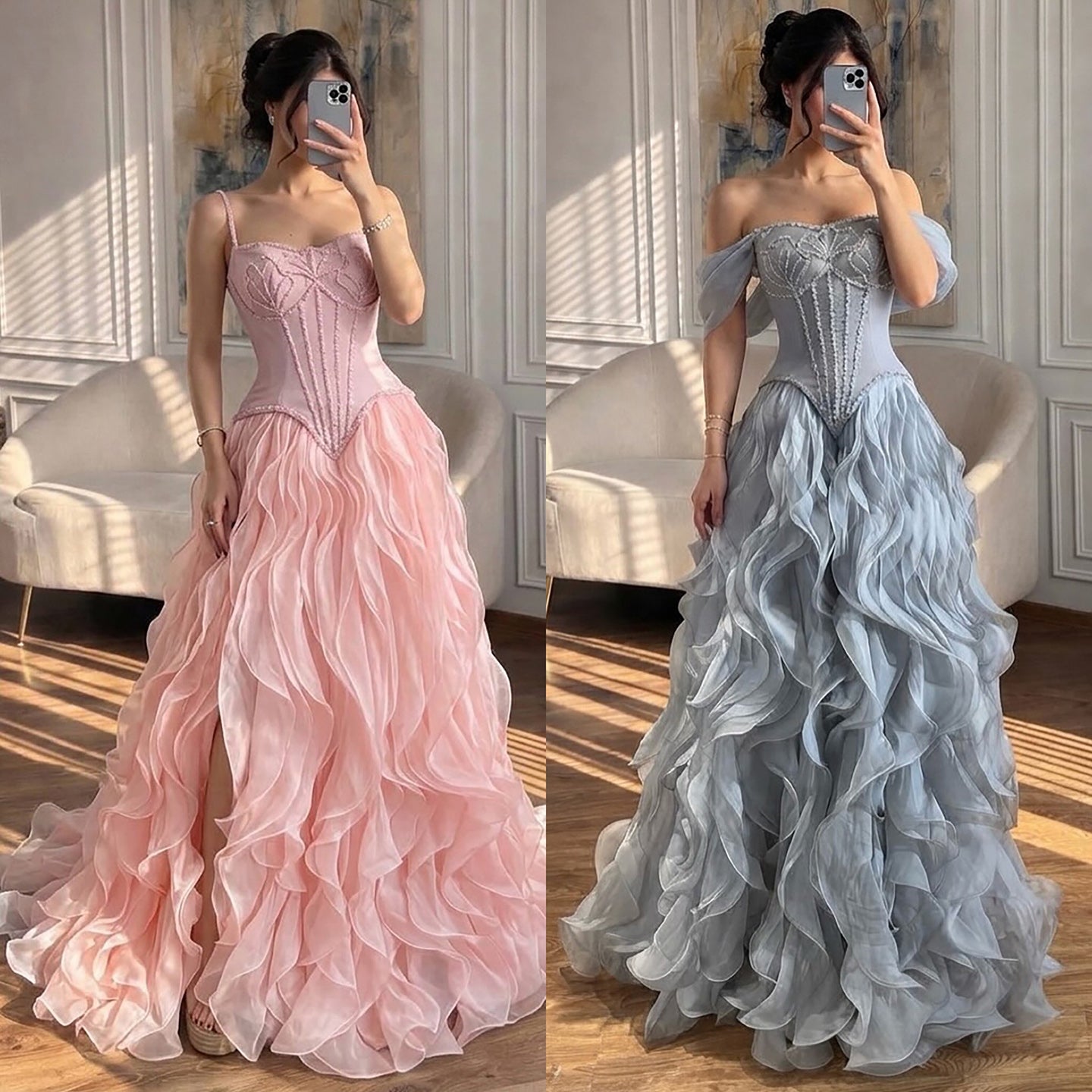Luxury Pink Beaded Corset Ruffled Slit Evening Gown LA73368B