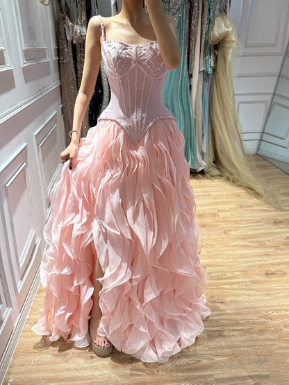 Luxury Pink Beaded Corset Ruffled Slit Evening Gown LA73368B