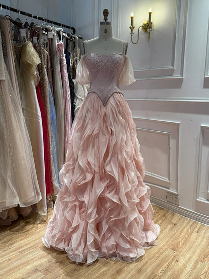 Luxury Pink Beaded Corset Ruffled Slit Evening Gown LA73368B