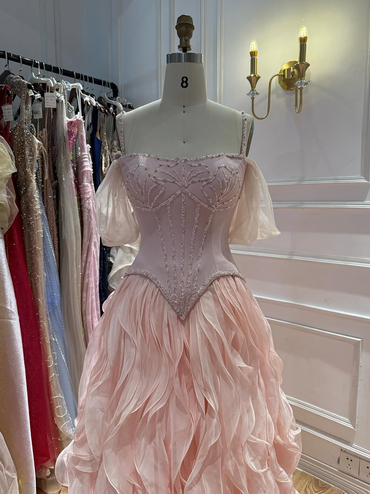 Luxury Pink Beaded Corset Ruffled Slit Evening Gown LA73368B