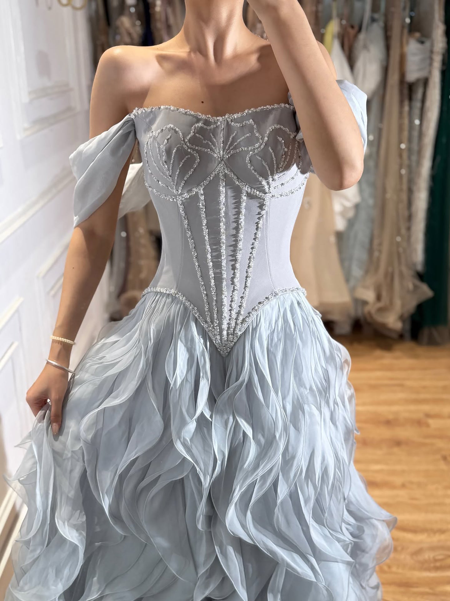 Luxury Pink Beaded Corset Ruffled Slit Evening Gown LA73368B