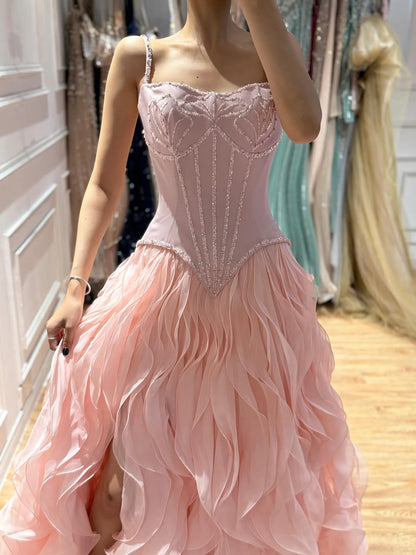Luxury Pink Beaded Corset Ruffled Slit Evening Gown LA73368B